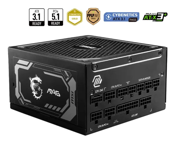 MSI MAG A1000GL PCIE5, 1000 W, 100 - 240 V, 50/60 Hz, aktiv, 120 W, 999,6 W