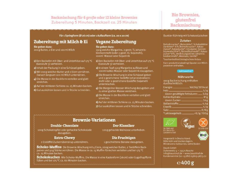Bauck Mühle Backmischung Brownies glutenfrei 400 g Bio Backmischung Brownies glutenfrei