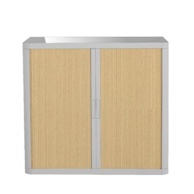 Armoire basse à rideaux EASY OFFICE - 110 x 104 x 41,5 cm - Corps et poignée gris - Rideaux imitation hêtre