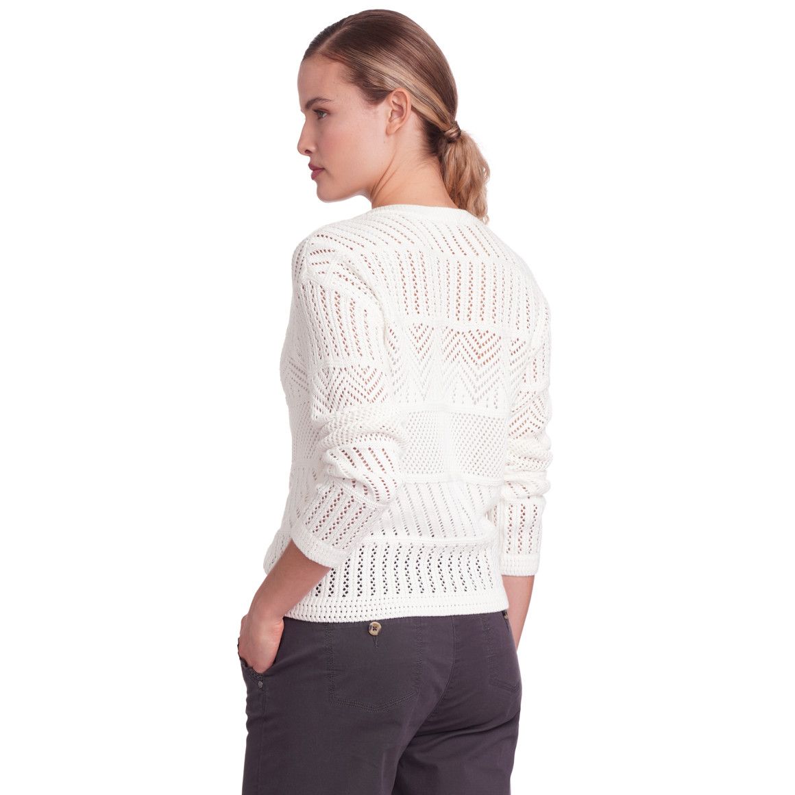 Gina Damen Strickpullover mit Häkel-Muster weiss