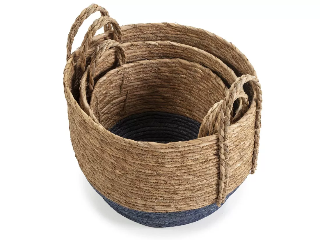 Set de 3 paniers Iria fibre naturelle, bleu/naturel