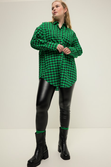 Hemdbluse, oversized, Hahnentritt, Knopfleiste, Hemdkragen