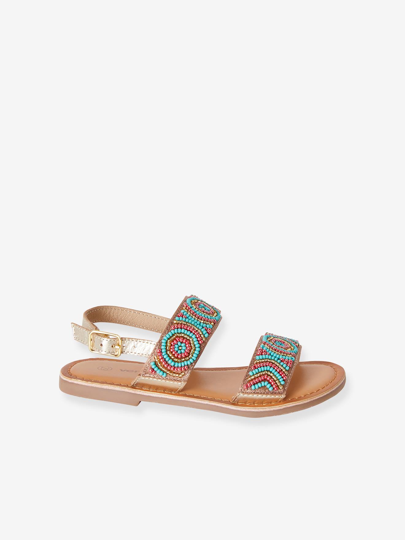 Sandálias de tecido com miçangas, para meninas, lisas, azul claro com estampas.