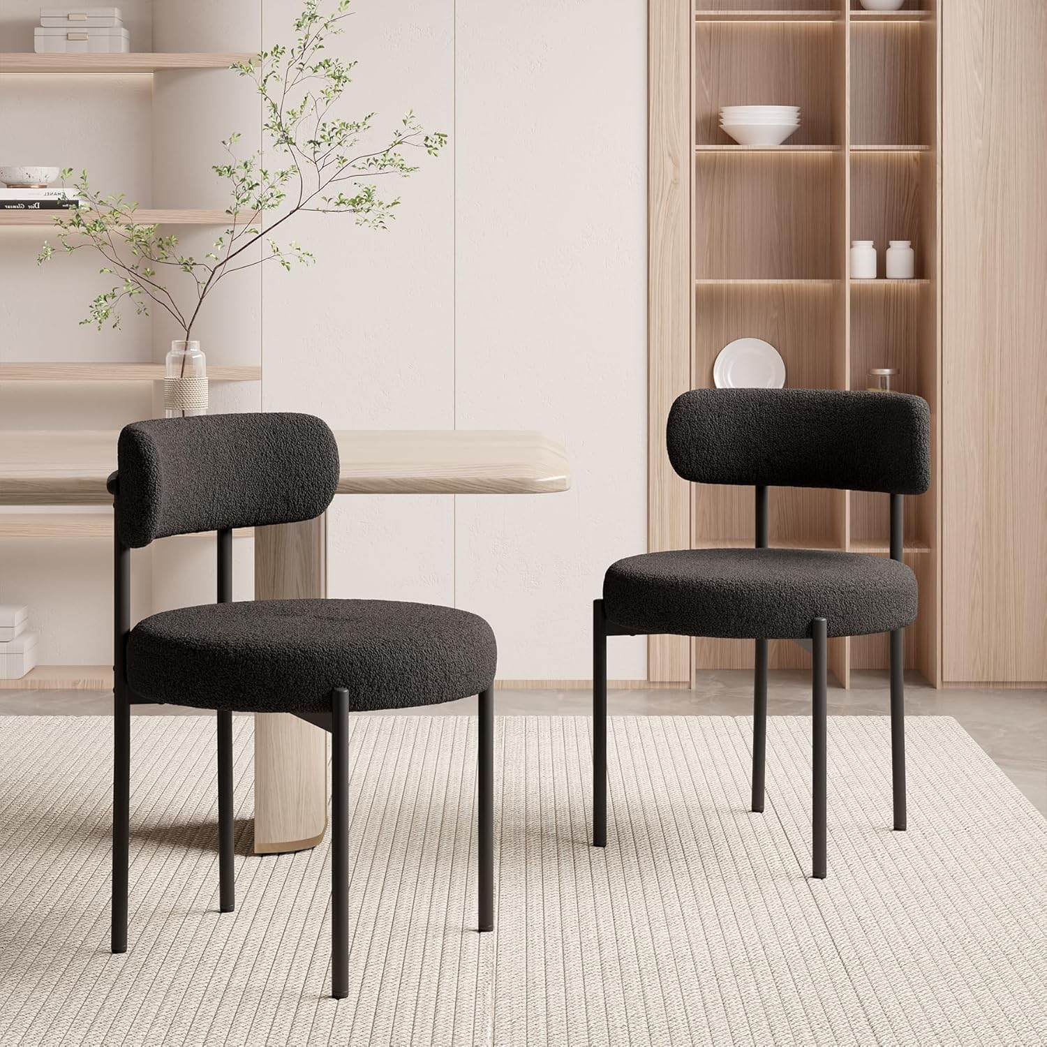 Esszimmerstühle 2er Set丨Teddy Stoff Runde Boucle Stühle·Mid-Century gepolsterte Küchenstühle·Dining Chairs mit Metallbeinen· Schwarz