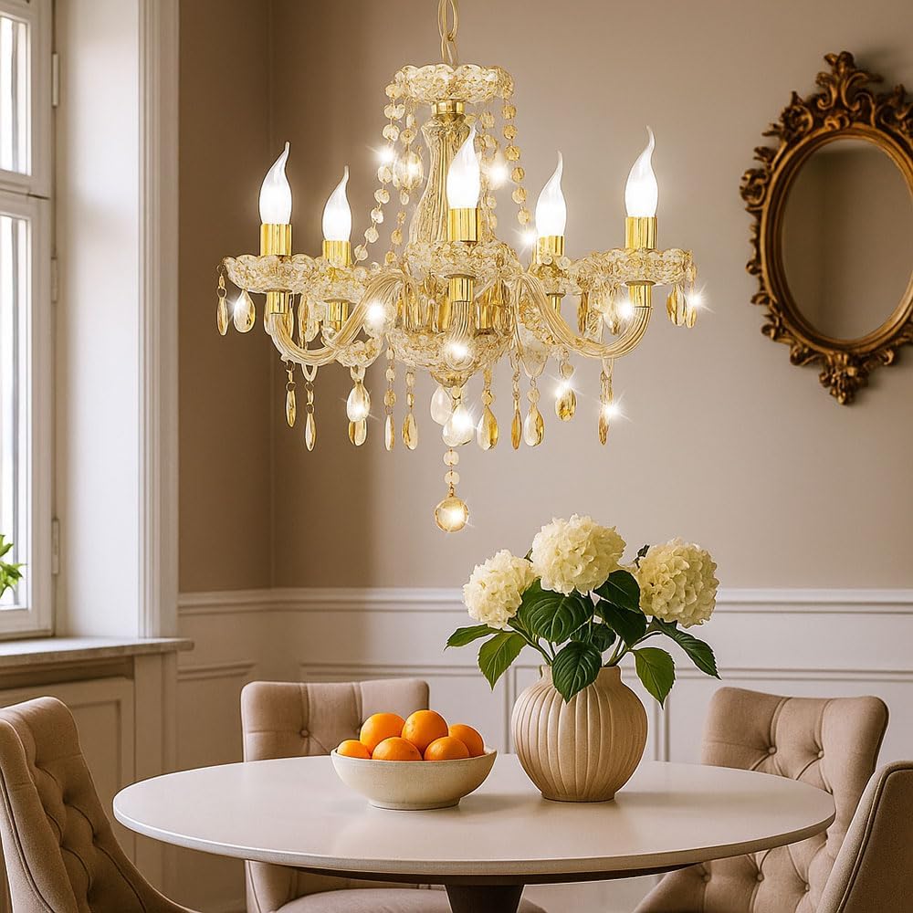 Kronleuchter Kristall Deckenlampe Hängeleuchte Lüster Esszimmerleuchte Wohnzimmerlampe, Metall Acryl gold, 5 flammig E14 Fassungen, DxH 48x150 cm