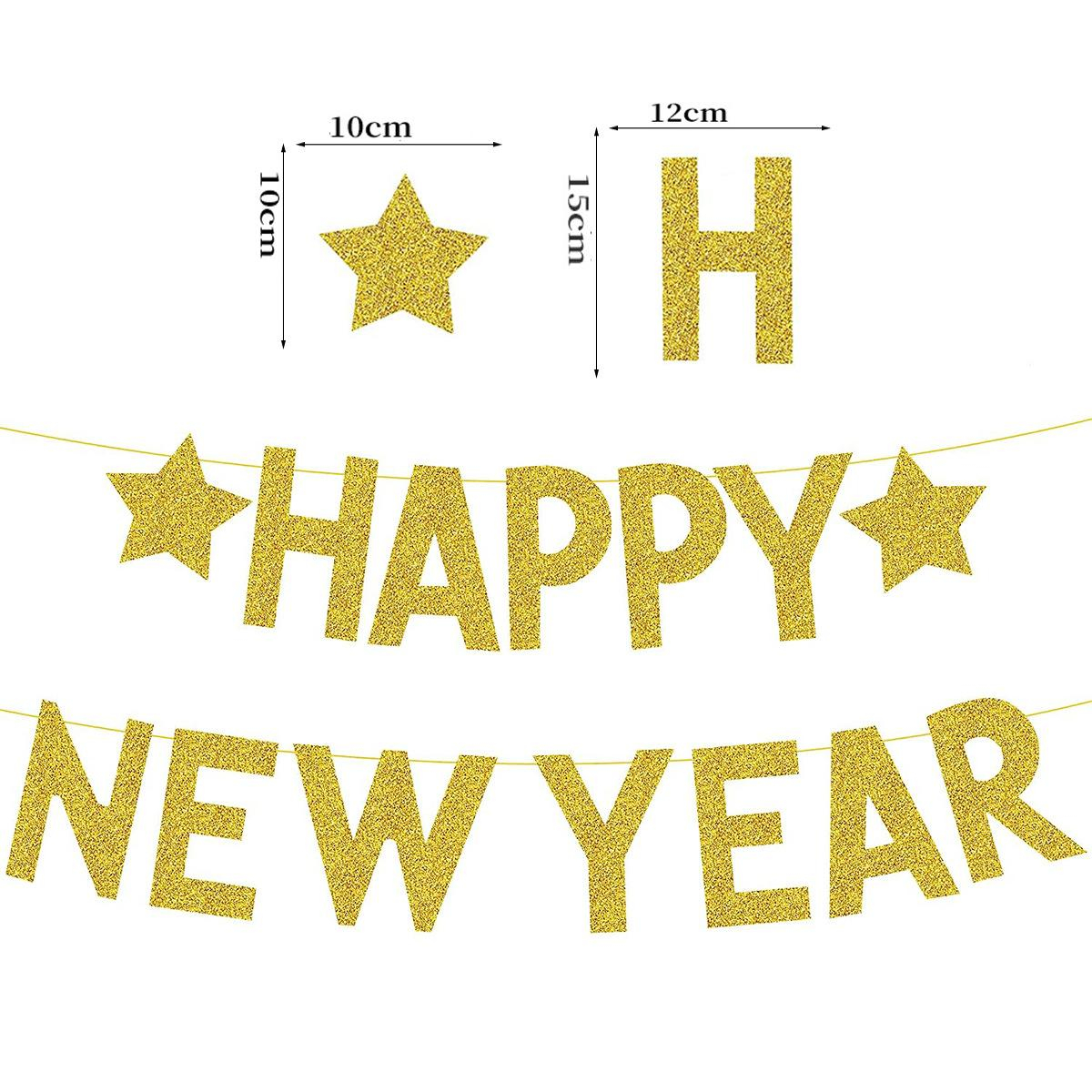 (2.5m) Happy New Year Girlande Silvester Party Deko Glitzer Accessoire Banner Stern - Gold