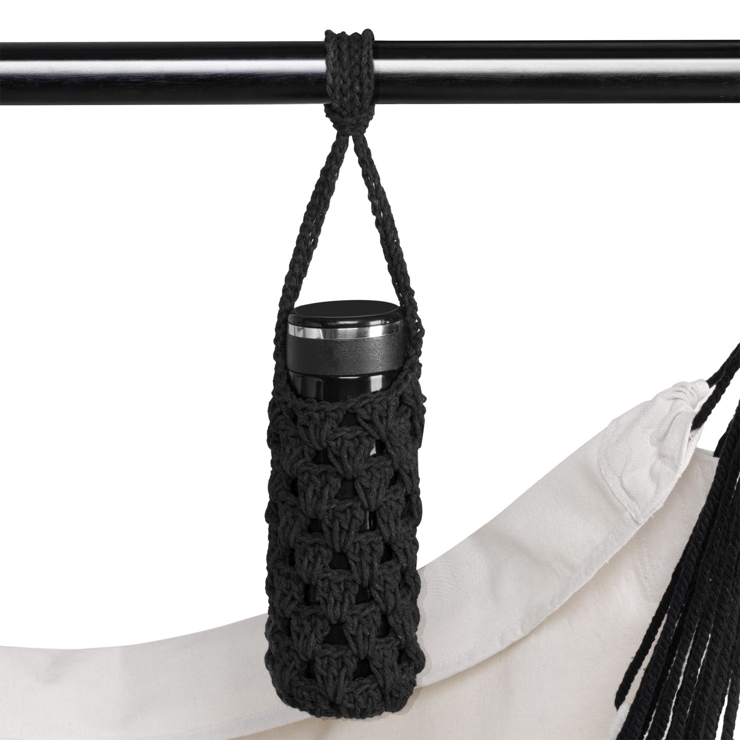 Juskys Hängesessel Miami mit Kissen, Stange & Tasche - Makramee Hängeschaukel bis 150 kg - Beige