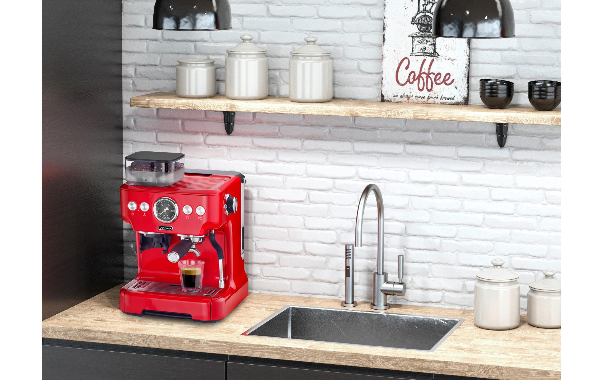 Siebträgermaschine Barista Plus Rot<br>Kaffeemaschine mit Siebträger und integriertem Mahlwerk