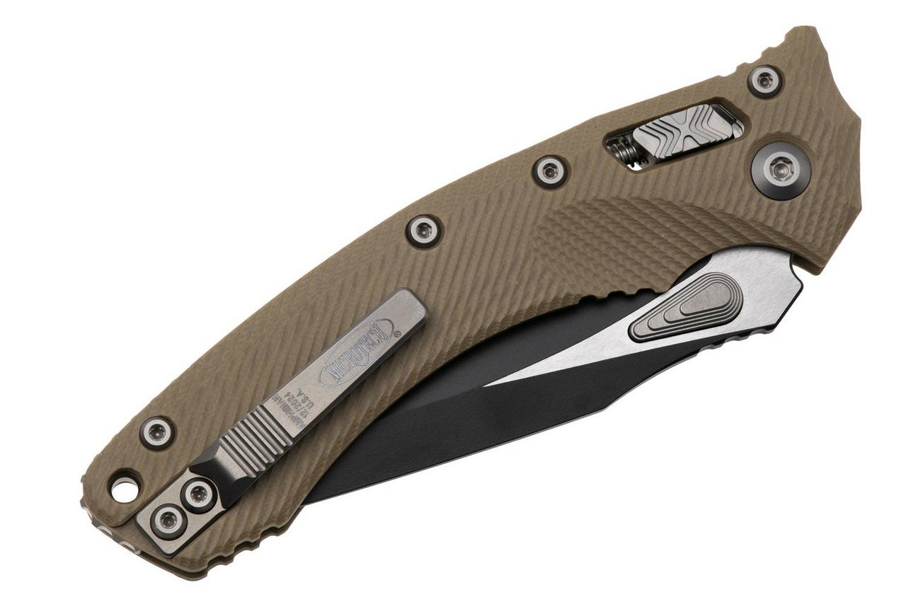 Microtech Amphibian 137RL-2FLGTTA, Two Tone Black M390MK, Fluted Tan G-10, partly serrated zakmes
