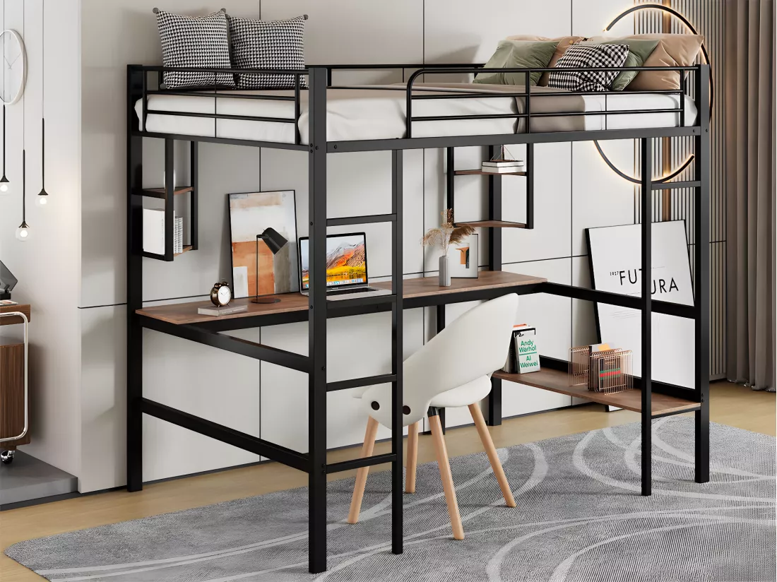Lit mezzanine en fer - 90x200cm - avec bureau et 5 étagères - Noir