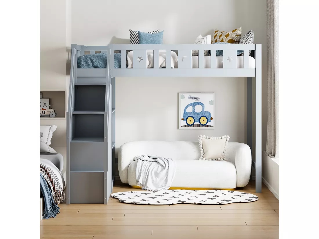 Lit mezzanine 90 x 200 cm avec échelle de rangement et étagères - Bois de pin et MDF - Gris