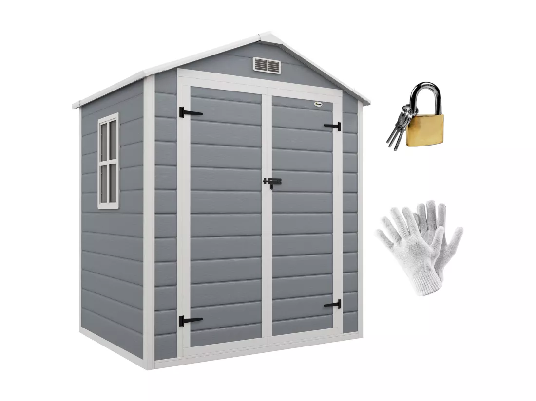 Abri de jardin cabanon 2,12 m² - 2 portes, fenêtre, aération, toit double pente - résine PP gris
