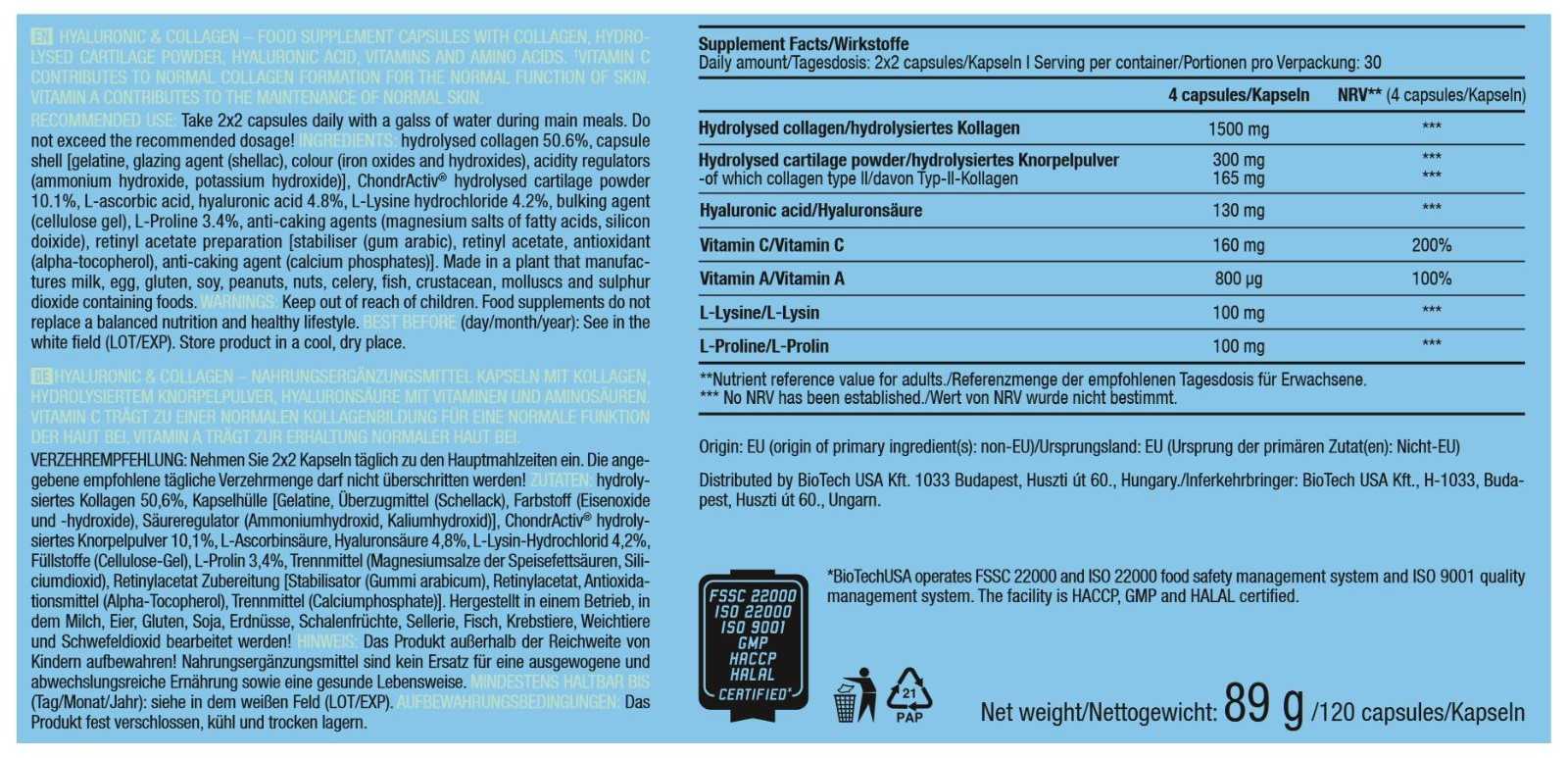 Biotech USA Ácido hialurônico e colágeno 120 cápsulas