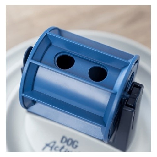 Alimentador interativo Trixie com roda, azul e branco, para gatos.
