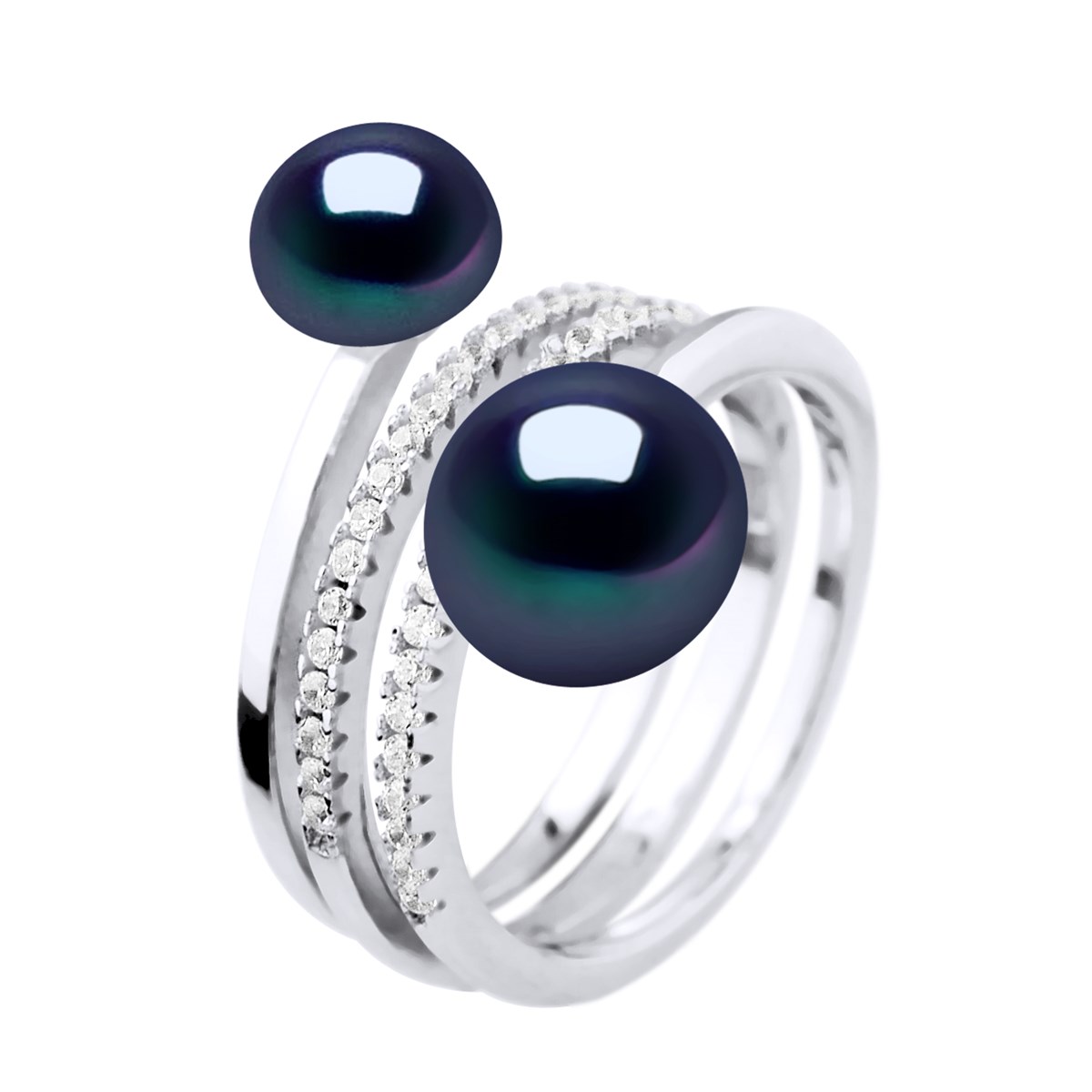 Bague DUO Perles d'Eau Douce 7 et 9 mm Noires Joaillerie Argent 925