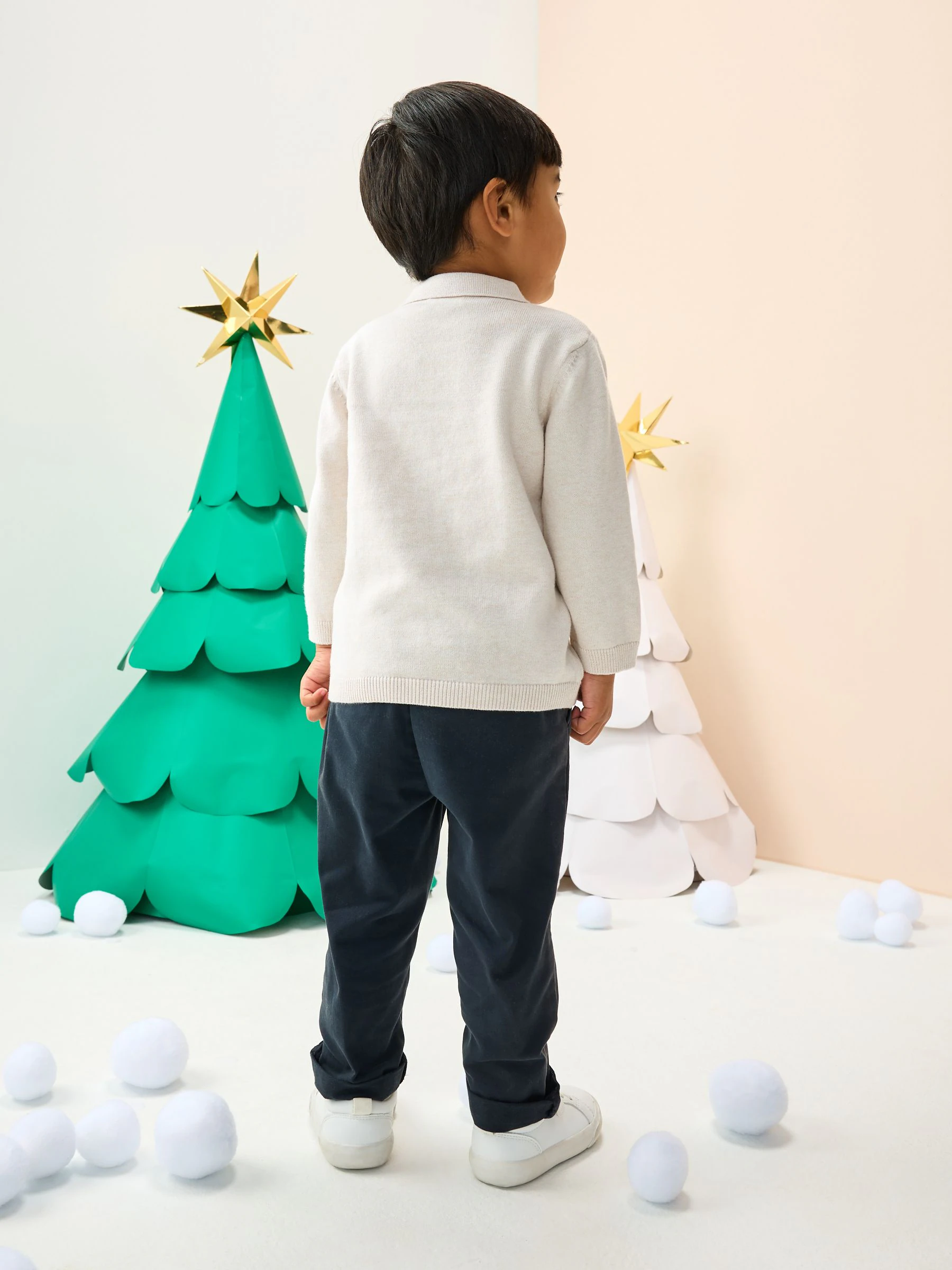 Crème - Gebreid Kerstmis Poloshirt met borduursel (3mnd -7jr)