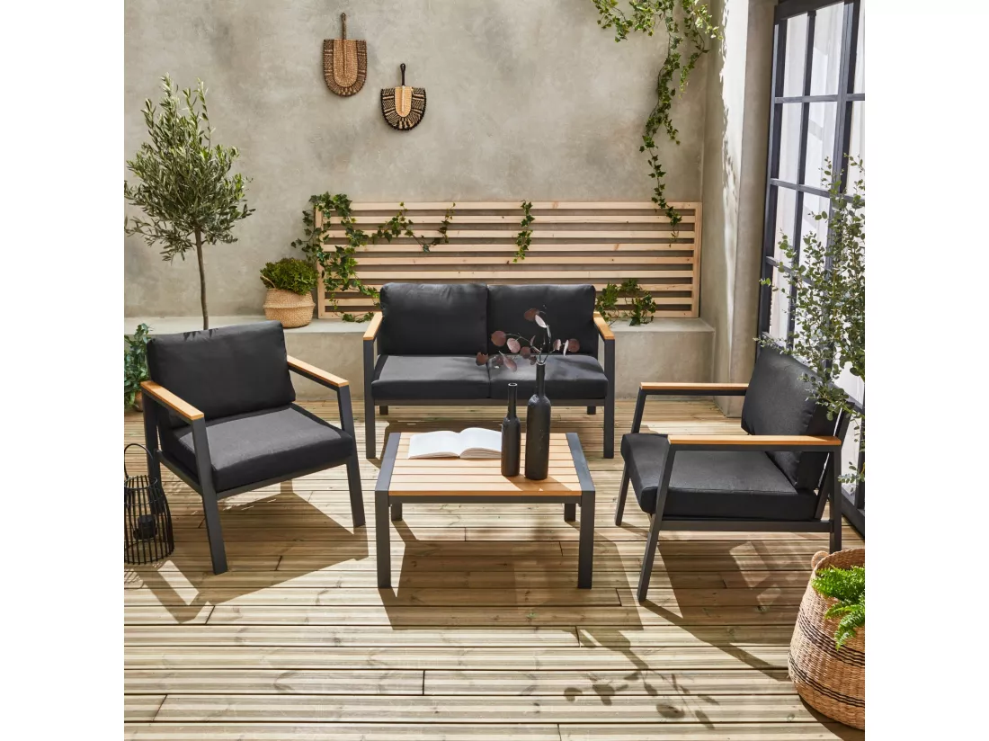 Salon de jardin Casoria. gris foncé. aluminium et polywood 4 places. 1 canapé. 2 fauteuils. 1 table basse