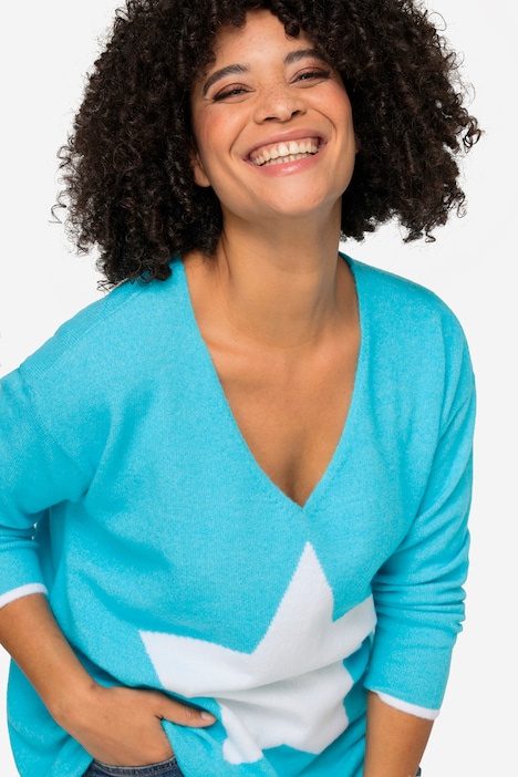 Pullover, oversized, Sterne, V-Ausschnitt, Langarm
