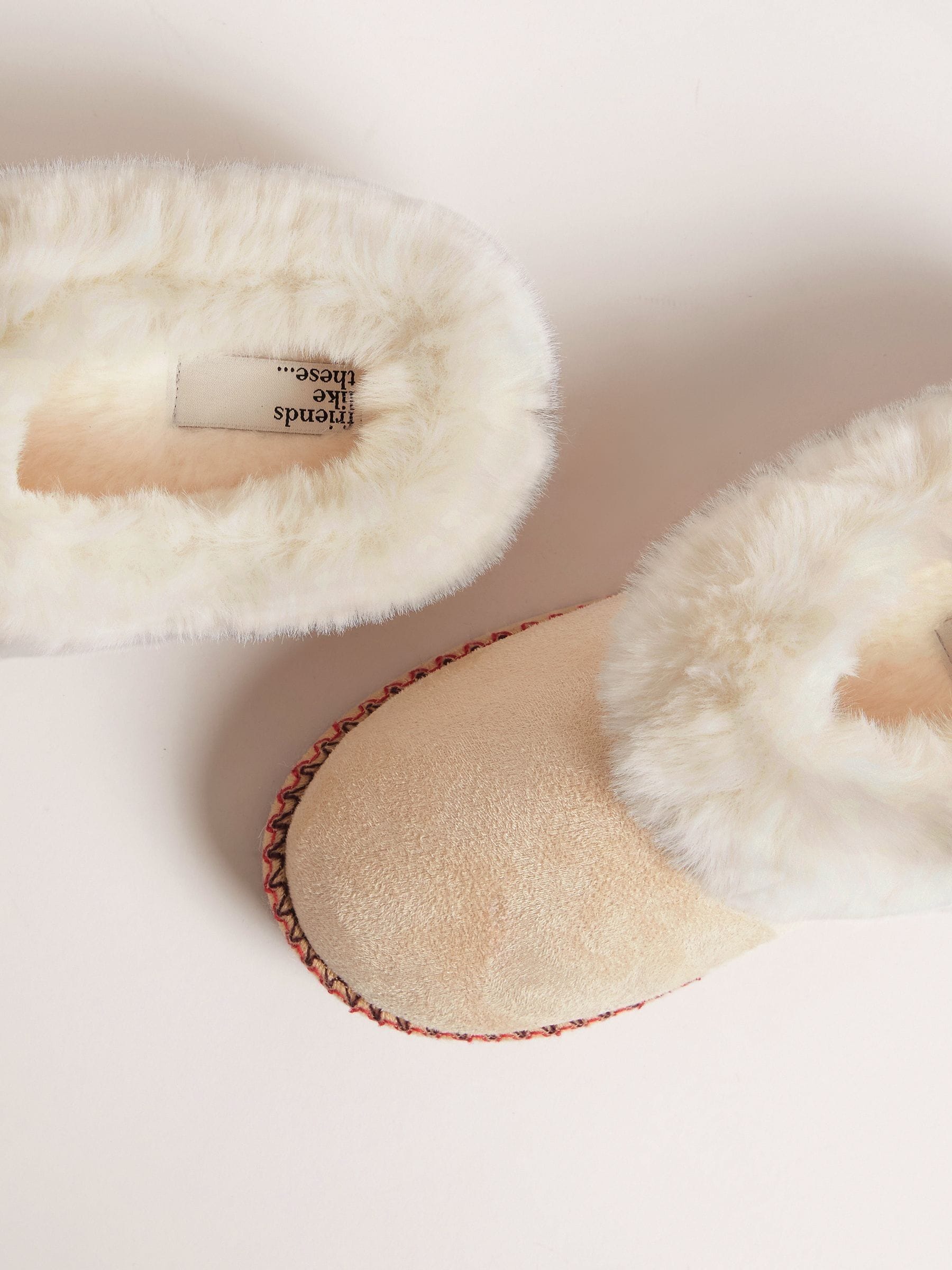 Crème - Friends Like These Faux Fur Cuff Embroidered Tape Nightwear Mule Slippers