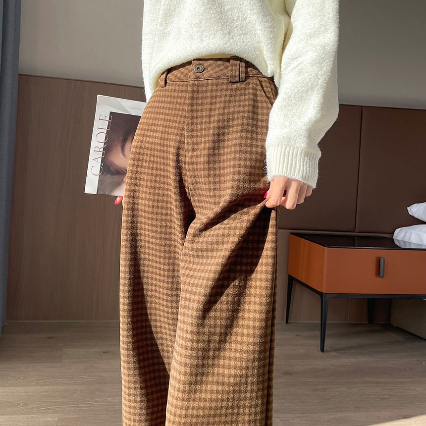 Jaqmine - Hoge taille geruite cropped wijde broek