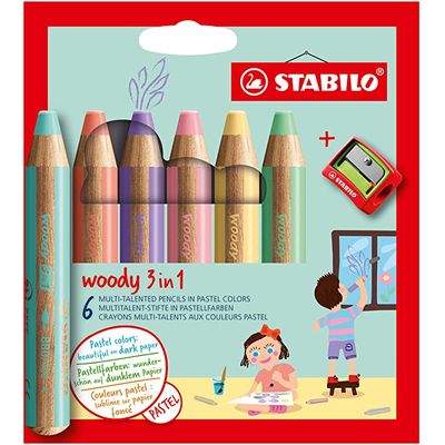 Stabilo woody 3 in 1 - 6 Crayons de couleur + taille-crayon - 10 mm - couleurs pastels assorties