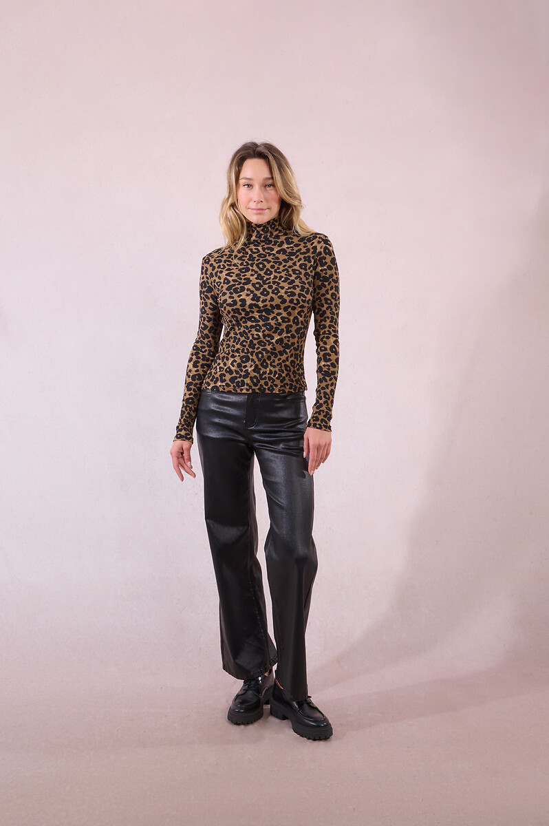 MOLLY BRACKEN<br>Suéter de gola alta fino, estampa de leopardo