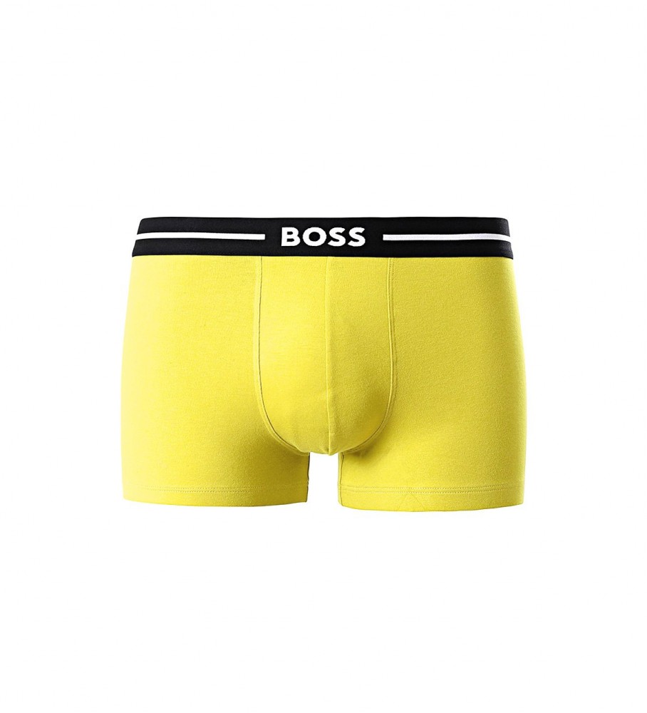 Pacote com 3 cuecas boxer BOSS Bold nas cores verde, amarela e preta.