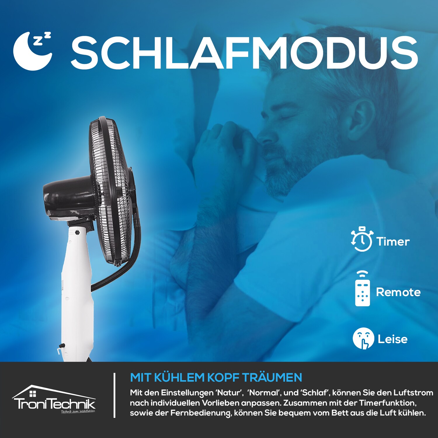 TroniTechnik® Standventilator mit Wasser, Ventilator mit Wasserkühlung Sprühnebel Raumbefeuchter 75W