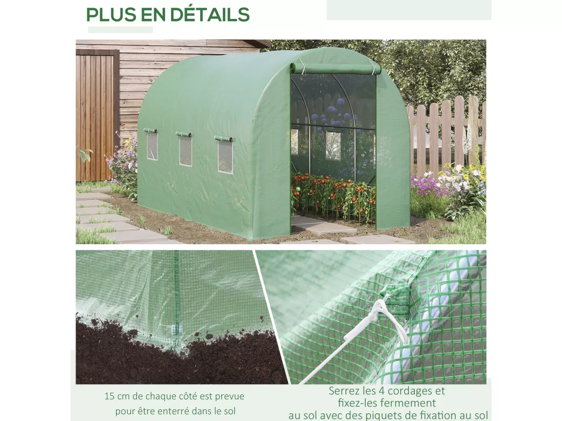Serre de jardin tunnel 7m² 3,5L x 2l x 2H m châssis tubulaire acier galvanisé renforcé 6 fenêtres 1 portes vert