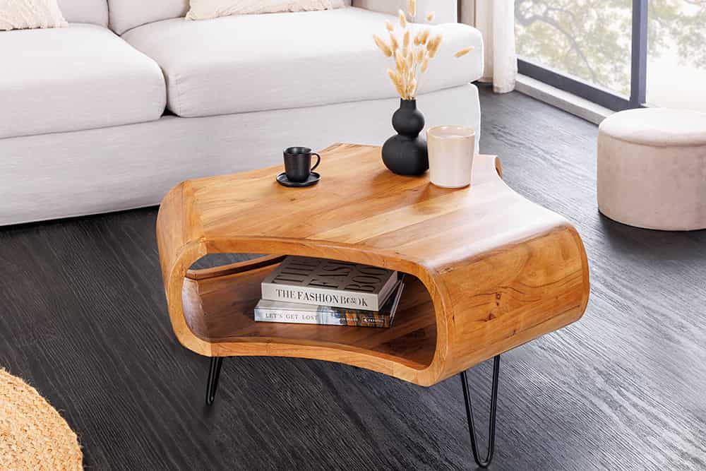 Retro Couchtisch ORGANIC LIVING 70cm braun Akazie Massivholz honey finish  Stauraum