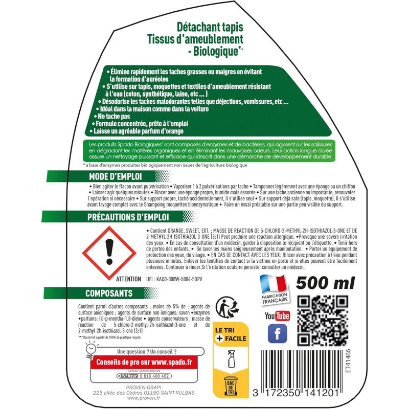 Détachant biologique tapis et moquette 500 ml