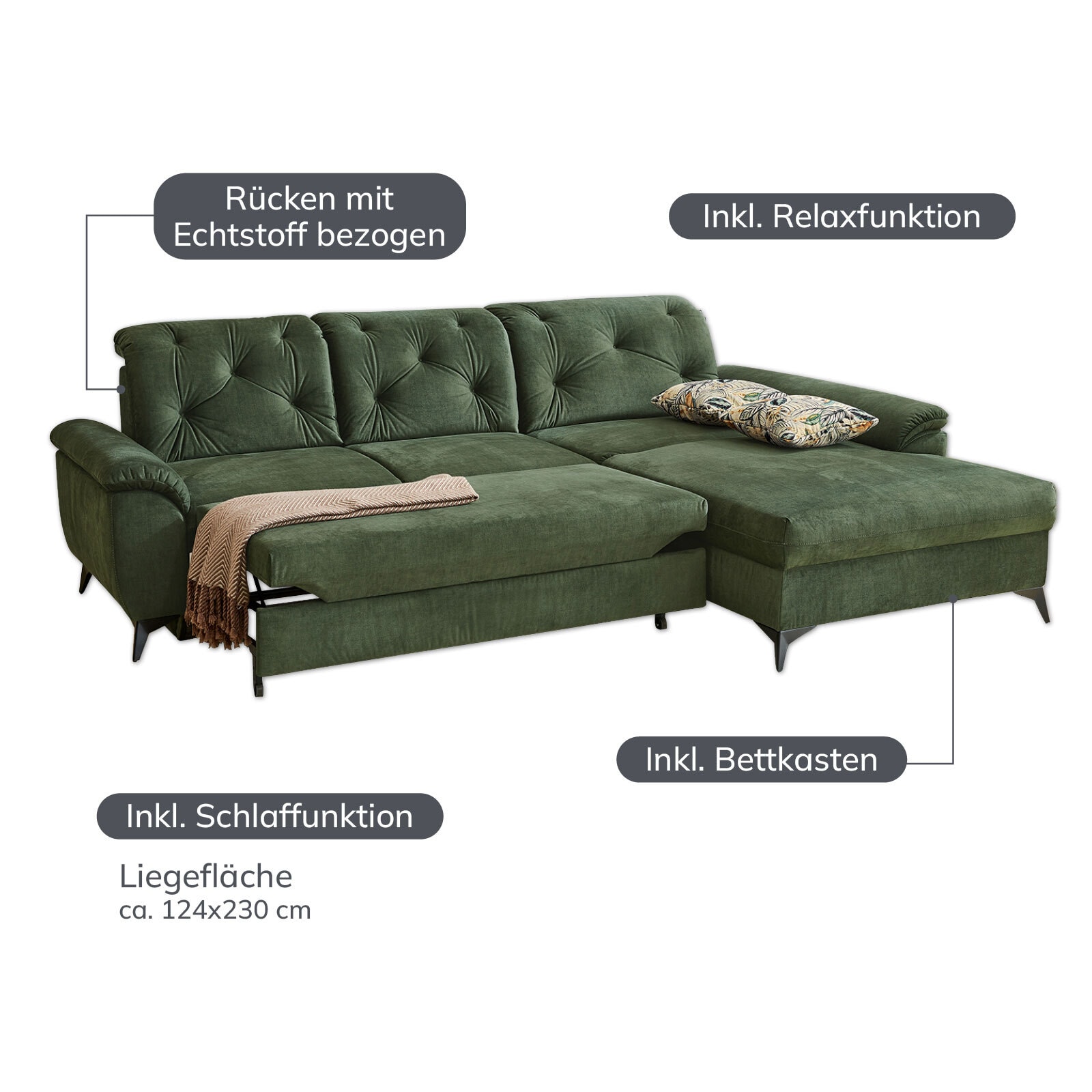 Ecksofa Studio, Stoffbezug dunkelgrün, ca. 280 x 202 cm