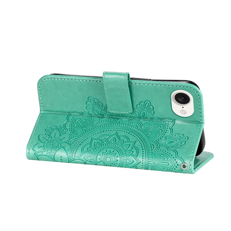 iPhone 16e Leder Tasche Wallet - Mandala Flowers Imprint - Türkis