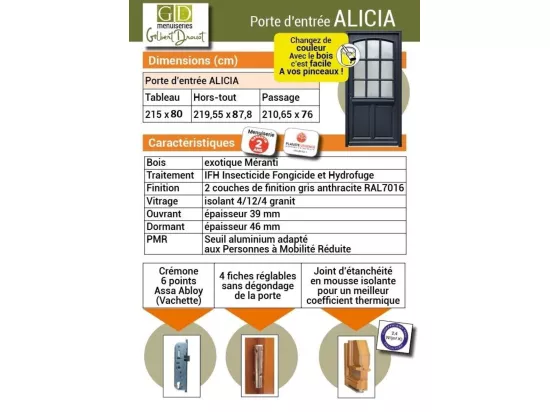 Porte D'Entrée Bois Vitrée, Alicia, Gris Ral7016, H,215Xl,80 P,Gauche Cote Tableau
