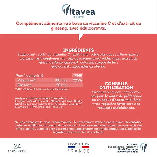 Vitavea Vitamina C + Ginseng Energia e Fadiga 24 comprimidos mastigáveis