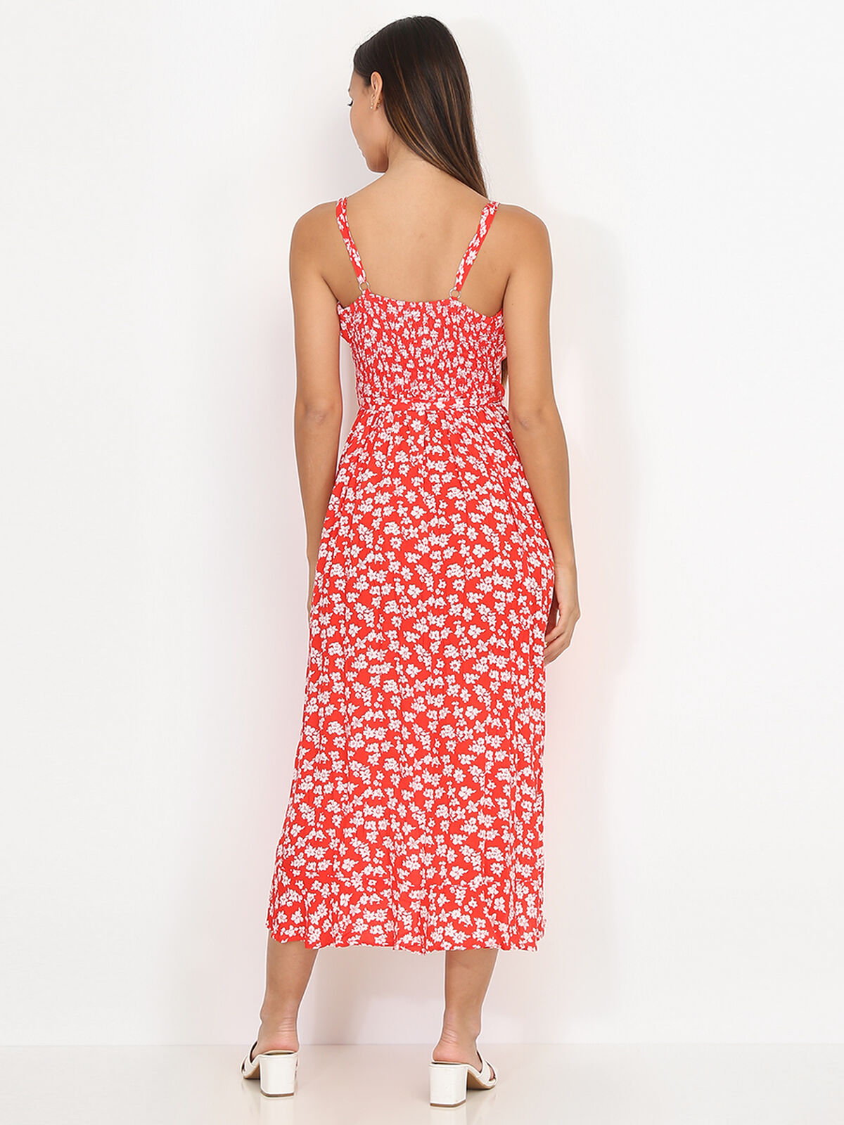 Robe mi-longue à volants et petites fleurs- Rouge