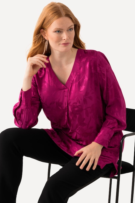 Bluse, florales Jacquardmuster, V-Ausschnitt, Langarm