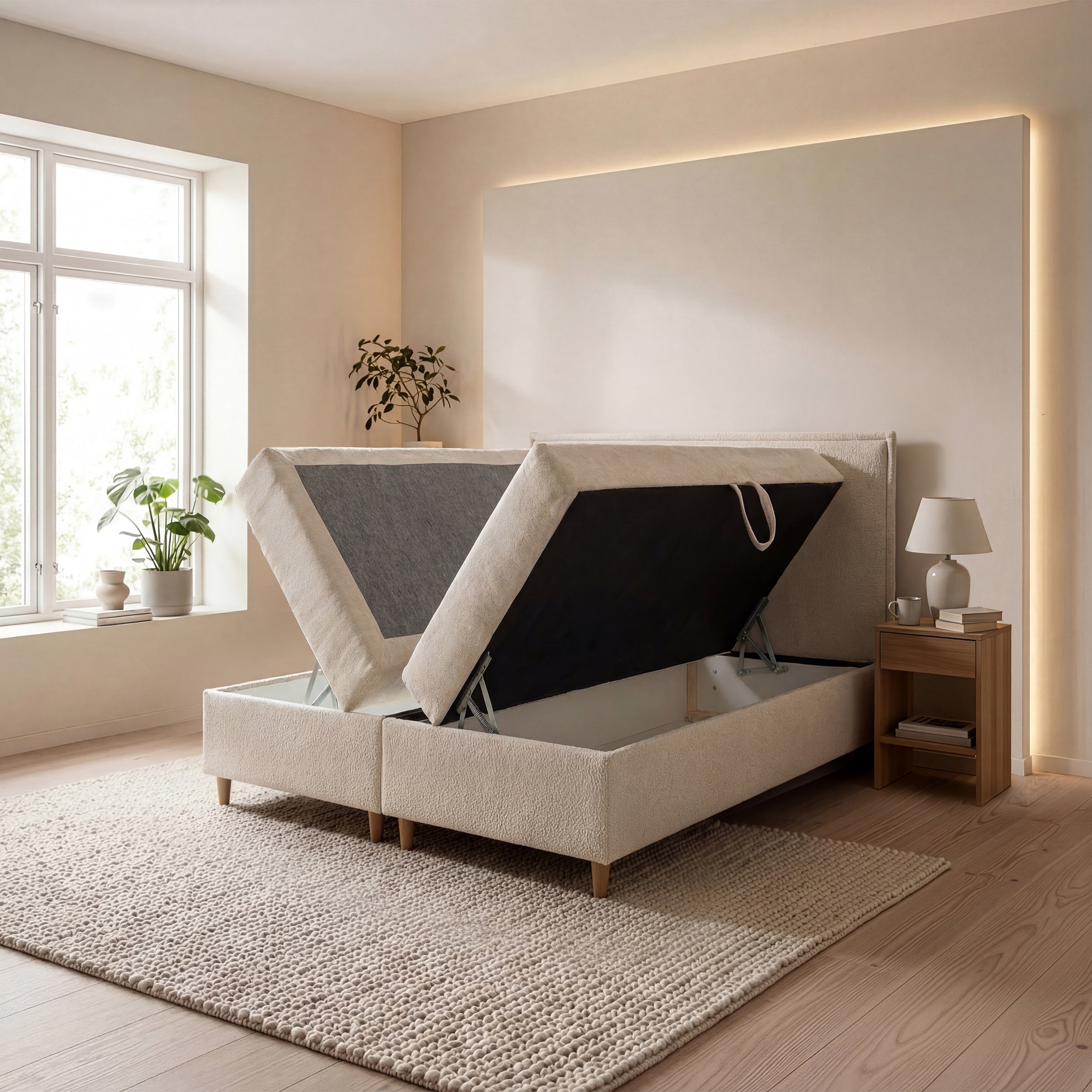 Saku - Boxspring met opbergruimte - Stof beige - 140x200 cm