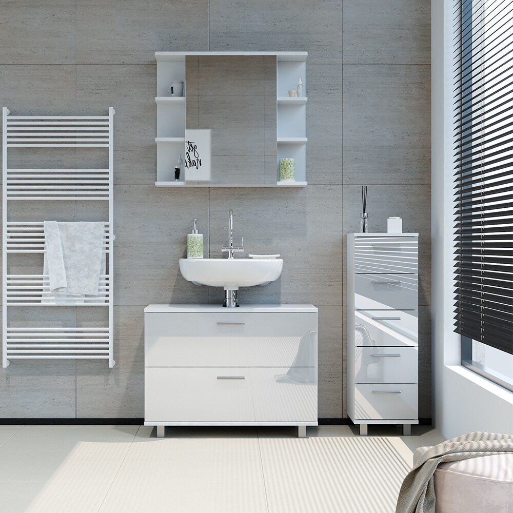 Vicco Badmöbel-Set Ilias Weiß Hochglanz modern Waschtischunterschrank Spiegelschrank Midischrank