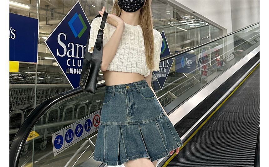 Elvik - High Rise Washed Plooi Mini A-lijn Denim Rok