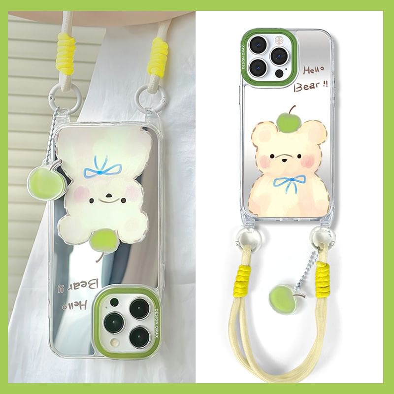 likamika - Bear Mirrored Strap-telefoonhoesje - iPhone 15 Pro Max / 15 Pro / 15 Plus / 15 / 14 Pro Max / 14 Pro / 14 Plus / 14 / 13 Pro Max / 13 Pro / 13 / 13 mini / 12 Pro Max / 12 Pro / 12