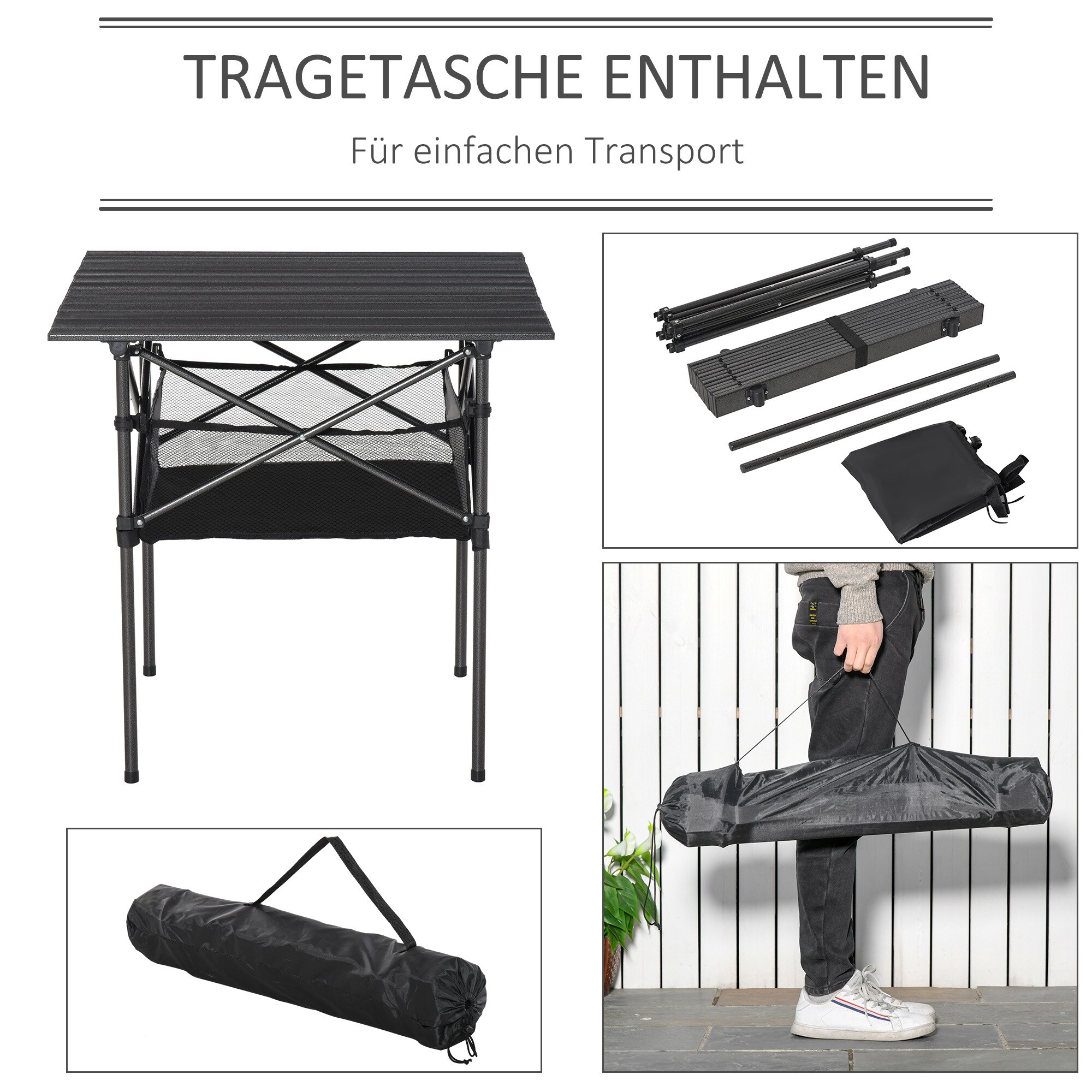 Outsunny Campingtisch mit Aufbewahrungstasche und Netztasche grau 70L x 70B x 69H cm