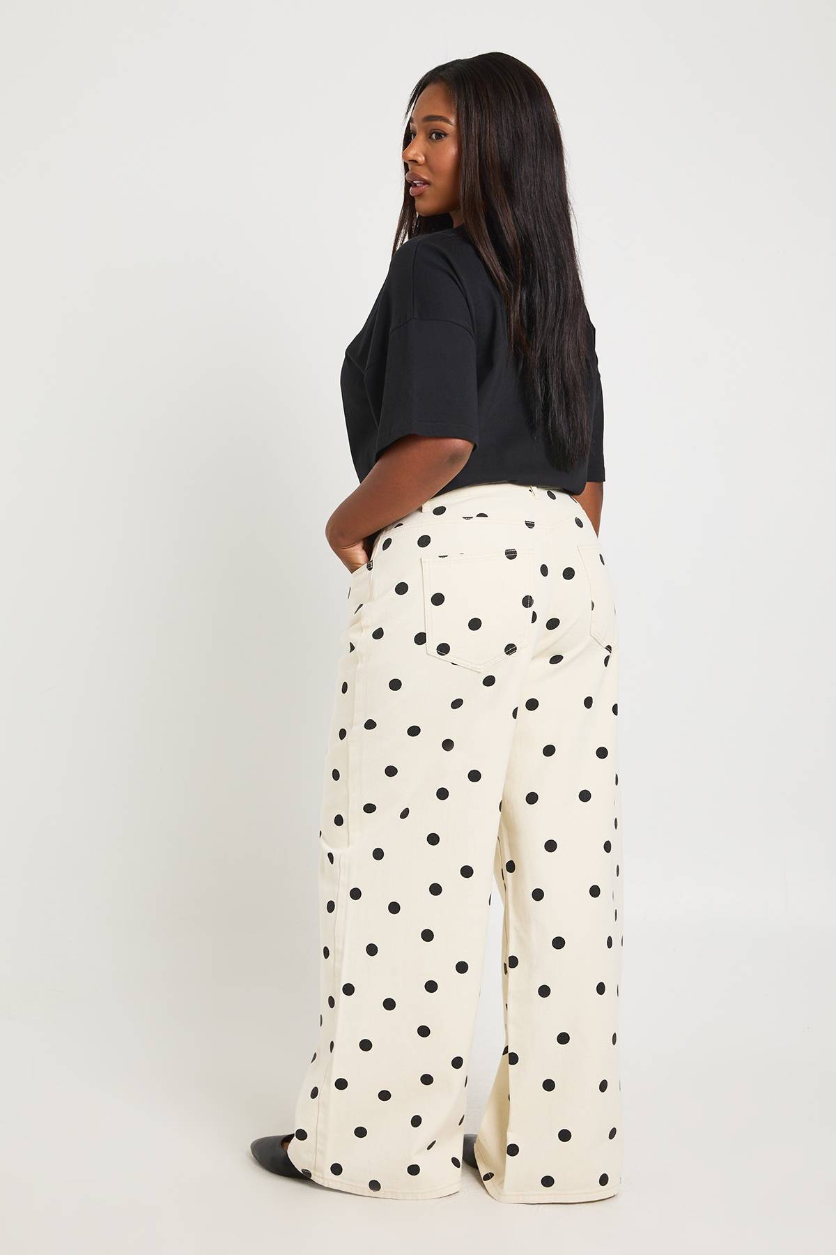 boohoo Jean Grande Taille À Pois Taille Haute Jambe Large