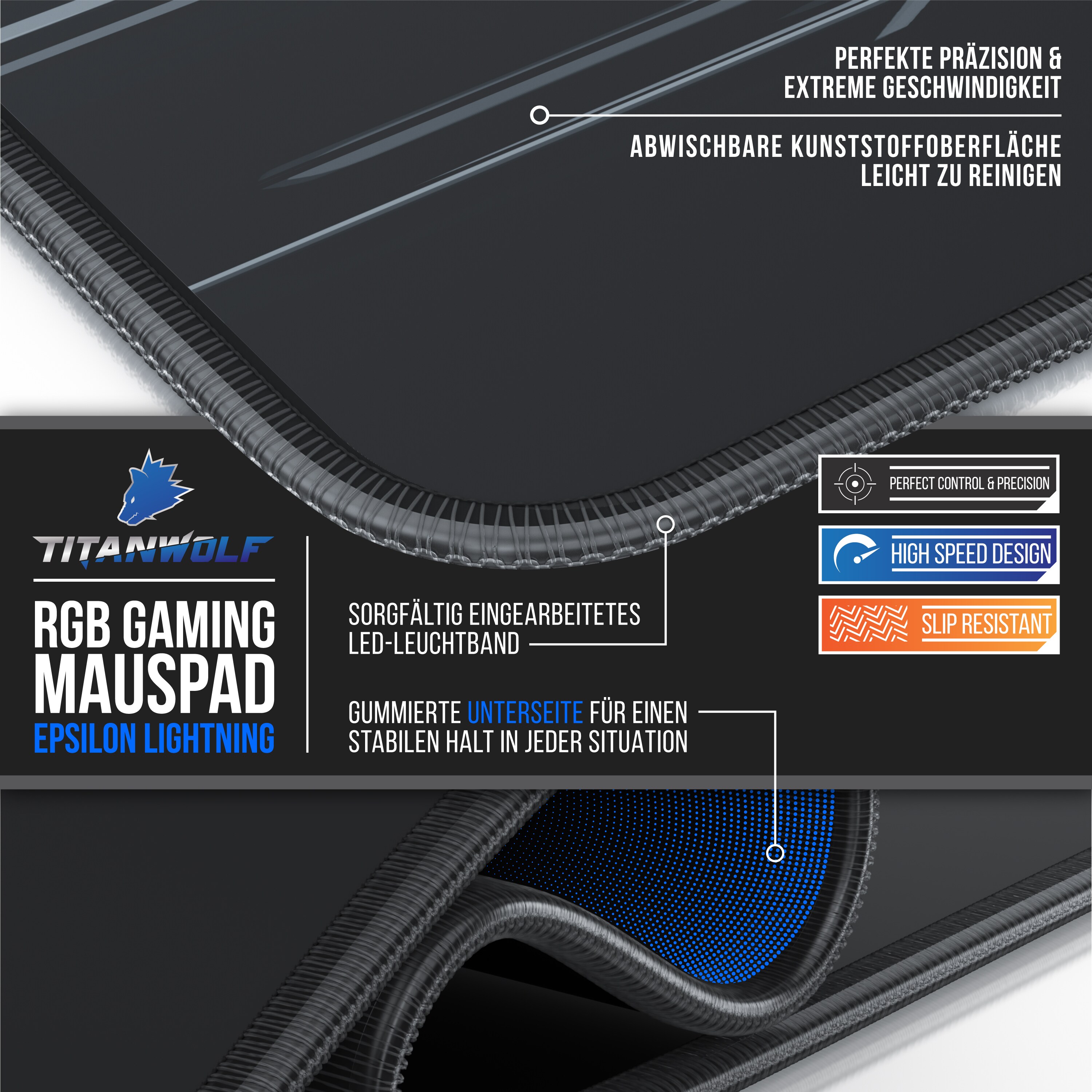 Titanwolf RGB Gaming Mauspad XL 900 x 400 mm Mousepad - verbessert Präzision & Geschwindigkeit