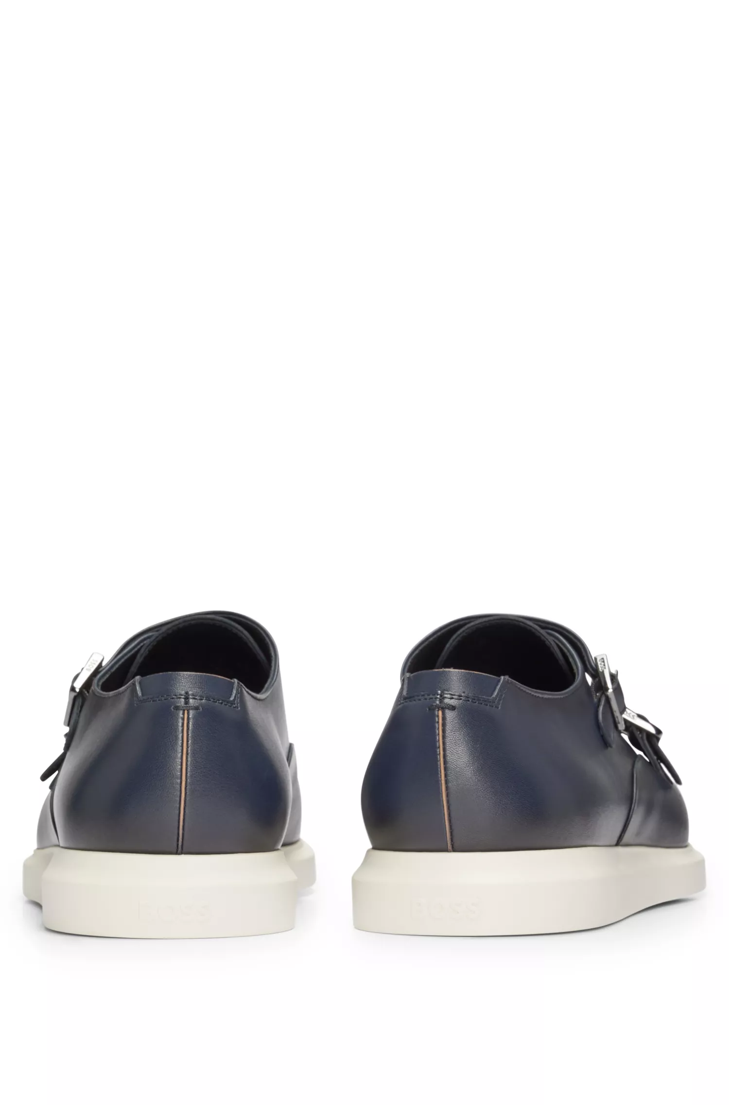 Sapatos BOSS estilo monk em couro preto com sola contrastante e tira dupla.