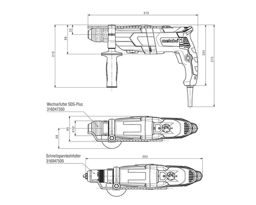 Metabo UHEV 2860-2 Quick Set boor- en beitelhamer inclusief verwisselbare boorkop en 10-delige SDS-plus boor-/beitelset.