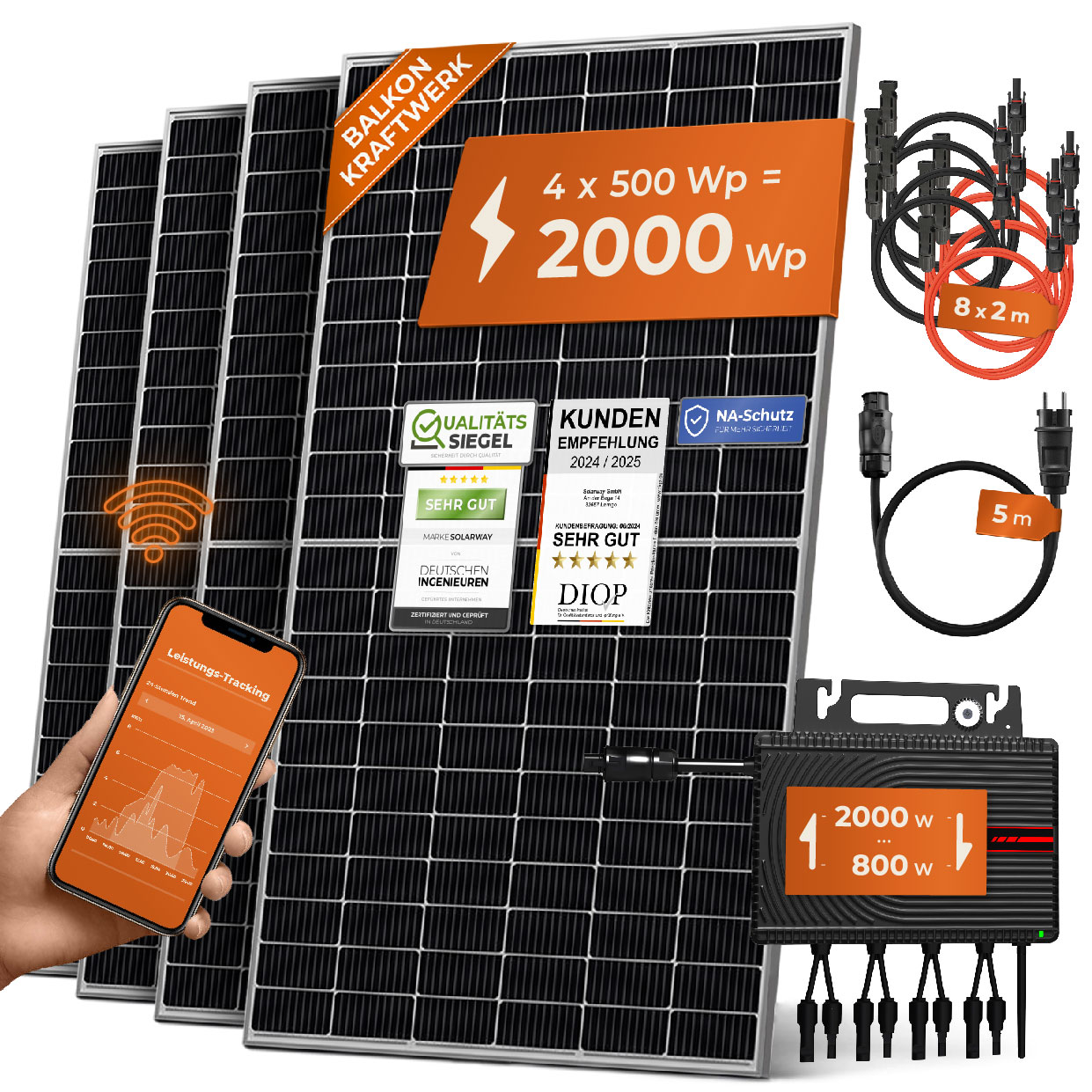Solarway Balkonkraftwerk 2000W komplett Steckdose - neuester 2000W Wechselrichter - 500W Solarmodule & Envertech & Zubehör