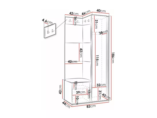 Meuble d'entrée Hartford 381, 186x82x46cm, Noir, MDF|Stratifié|Tapisserie