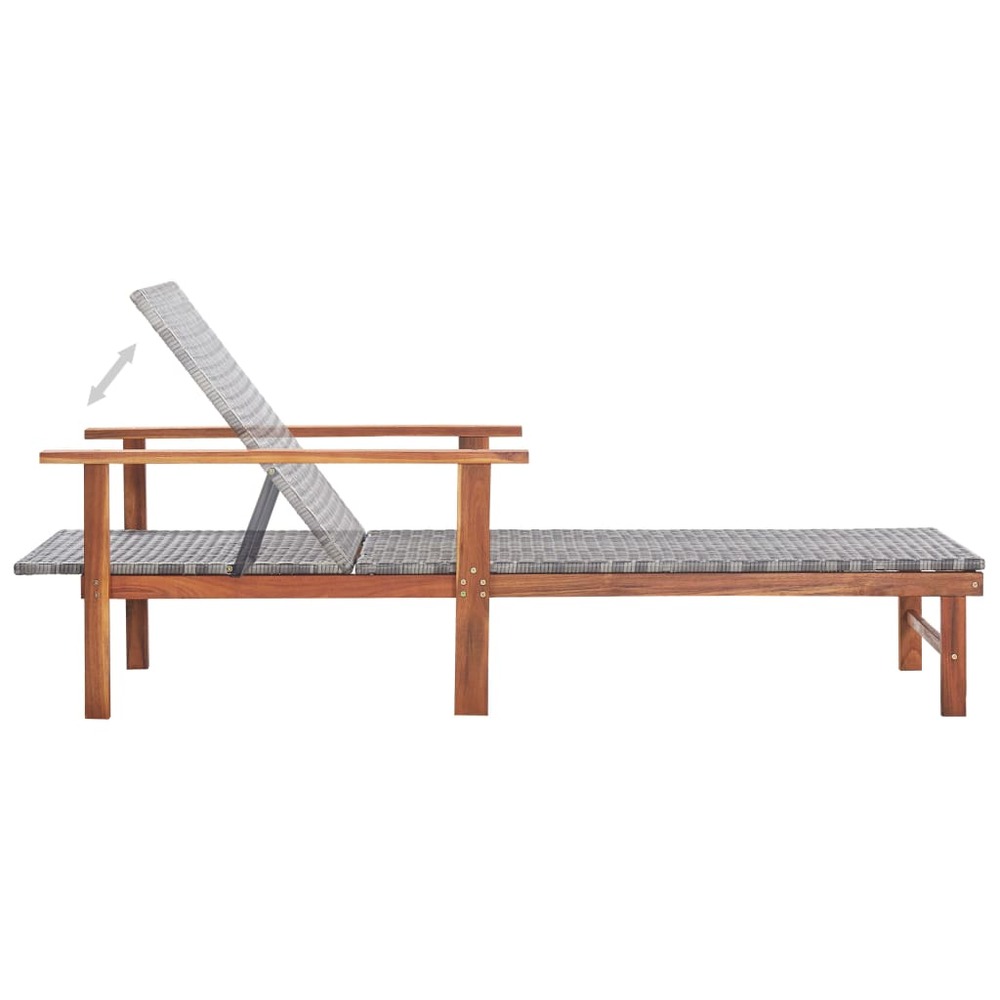 Transat chaise longue bain de soleil lit de jardin terrasse meuble d'extérieur résine tressée et bois d'acacia massif gris 02