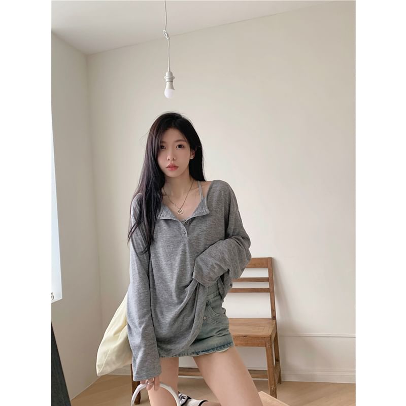 Monroll - Effen Henley T-shirt met lange mouwen